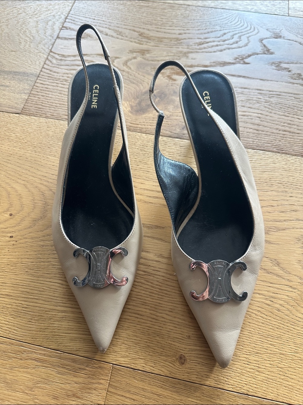 Celine Nude Leather Slingback Pumps with Triomphe Emblem